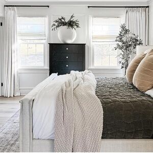 Custom ordered.  Lined curtains for full privacy.  Color beige white.